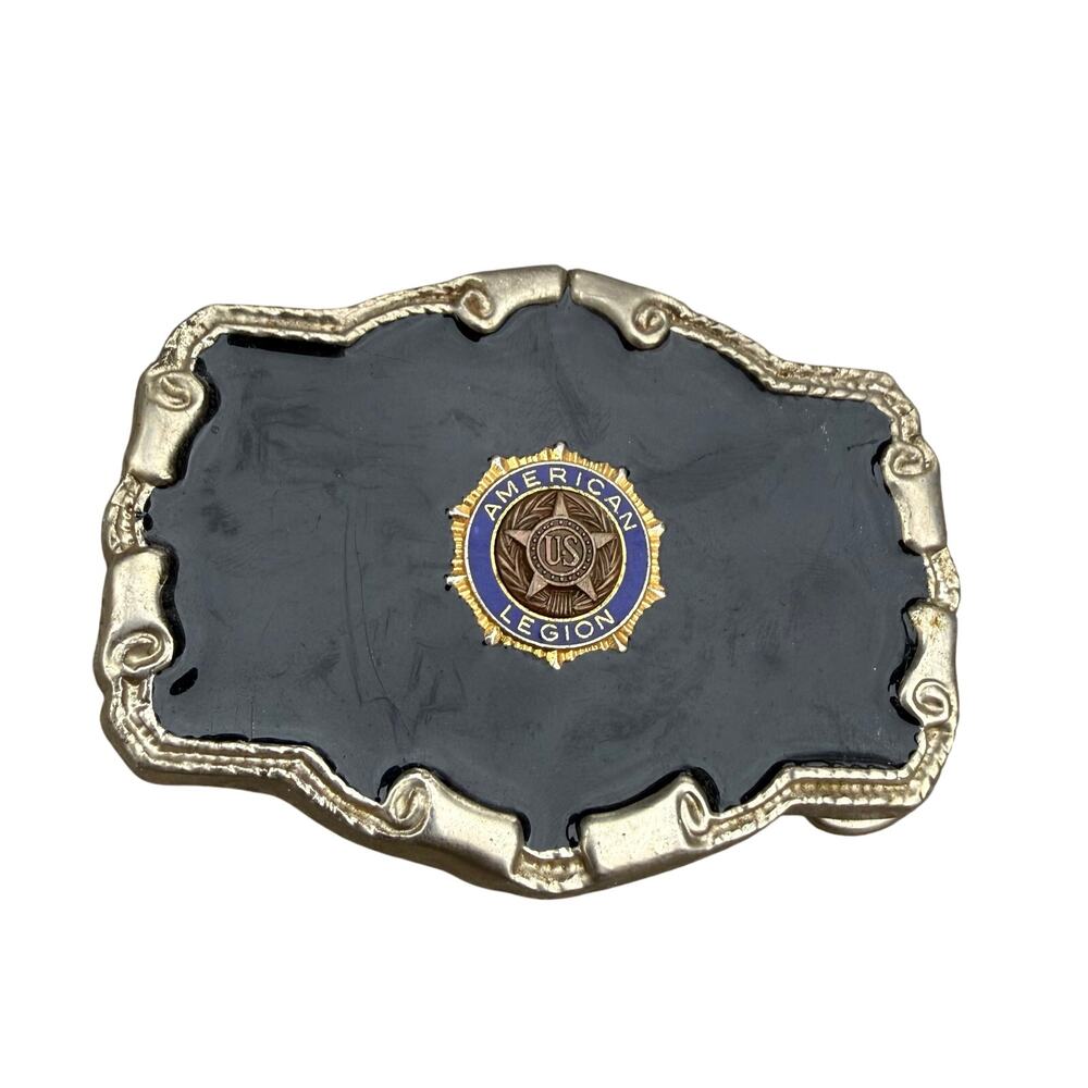 Vintage American Legion Metal & Black Enamel Belt Buckle Heavy Scroll Chrome